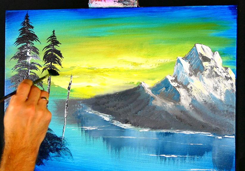 Bob ross painting a serene ocean landscape on Craiyon