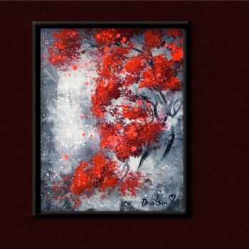 UNIQUE painting approach - REUSING old canvas - RED TREES, ABSTRACT, LANDSCAPE, OVAL BRUSH, 134