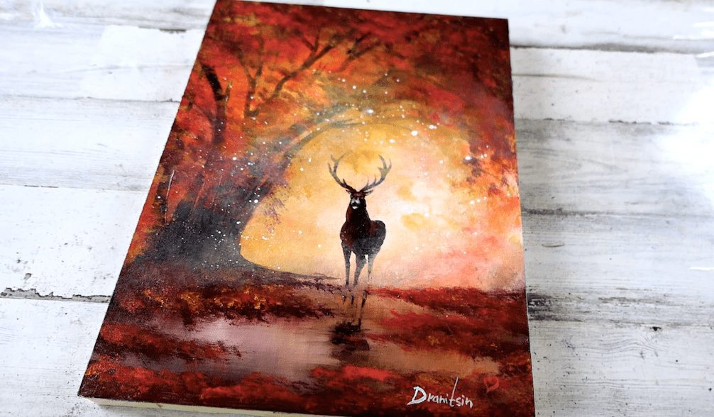 Original Acrylic Painting of a Reindeer in Autumn with Molding Paste Texture  – SuzanQwqArt