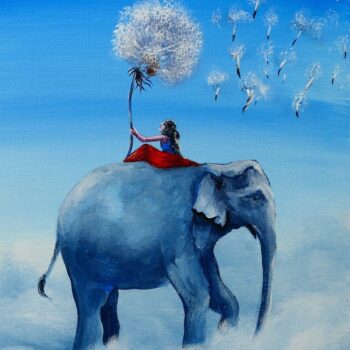 GIRL AND ELEPHANT WALKING ON CLOUDS WITH DENDELION FLOWER BLOWING IN THE WIND