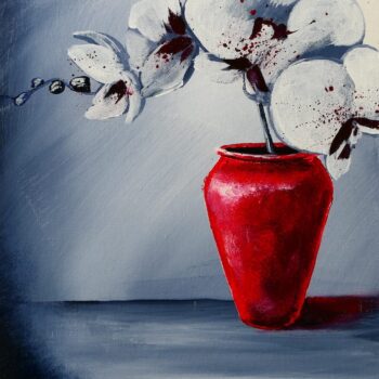 Vivid Elegance: Step-by-Step Guide to Painting White Orchids in a Red Vase on a Black and White Background
