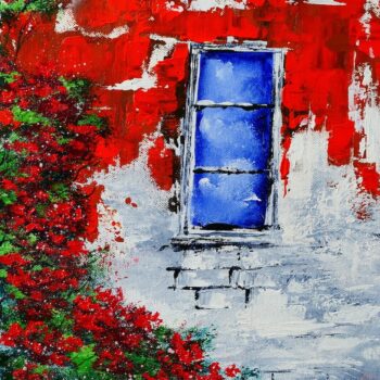 WINDOW AND ROSES, STONE WALL, ACRYLIC ABSTRACT ART