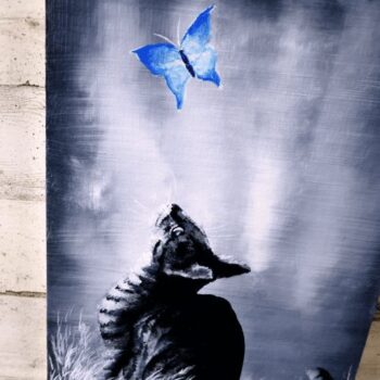 kitten and blue butterfly acrylic painting challenge for beginners black and white abstract