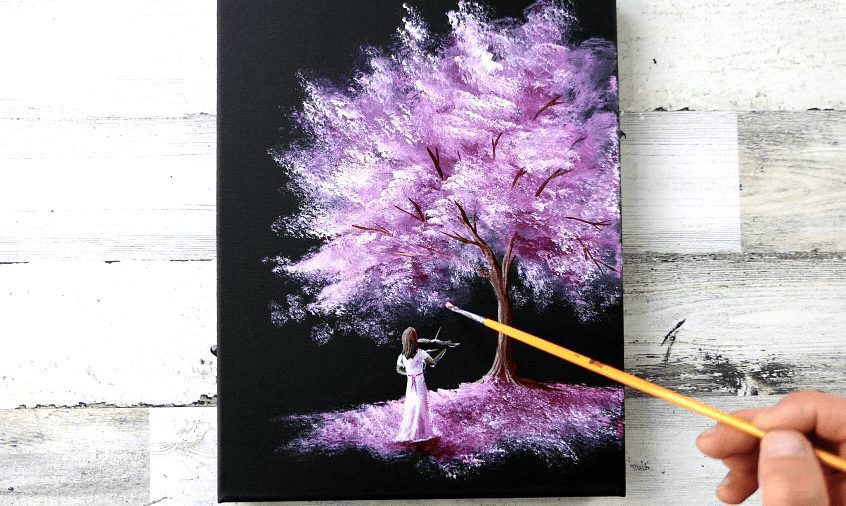 🎨 Girl Playing Violin Under Blossom Cherry Tree on Black Canvas