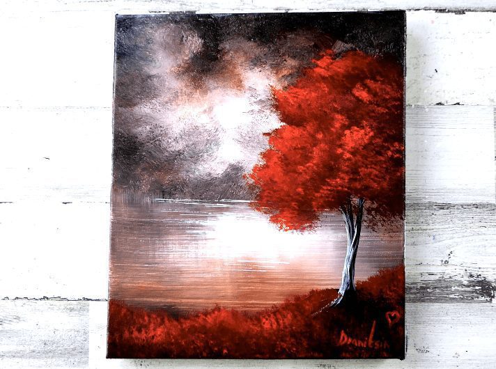 Red flower tree and road painting(for BEGINNERS) Black and white acrylic  painting Step by Step. 