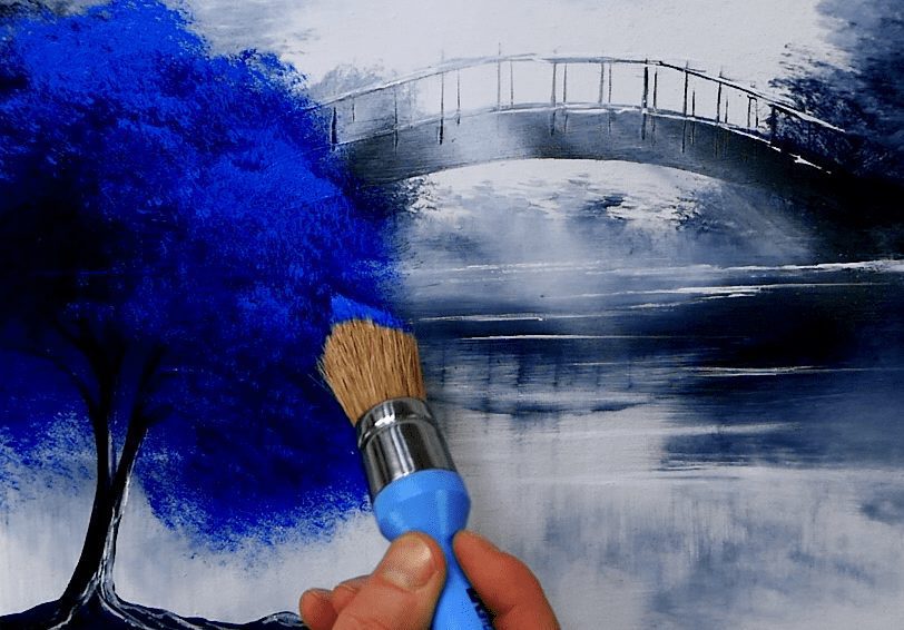 Simple trees and landscape painting, only 3 acrylic colors – blue, black &  white – YOU CAN DO IT – UrArtStudio