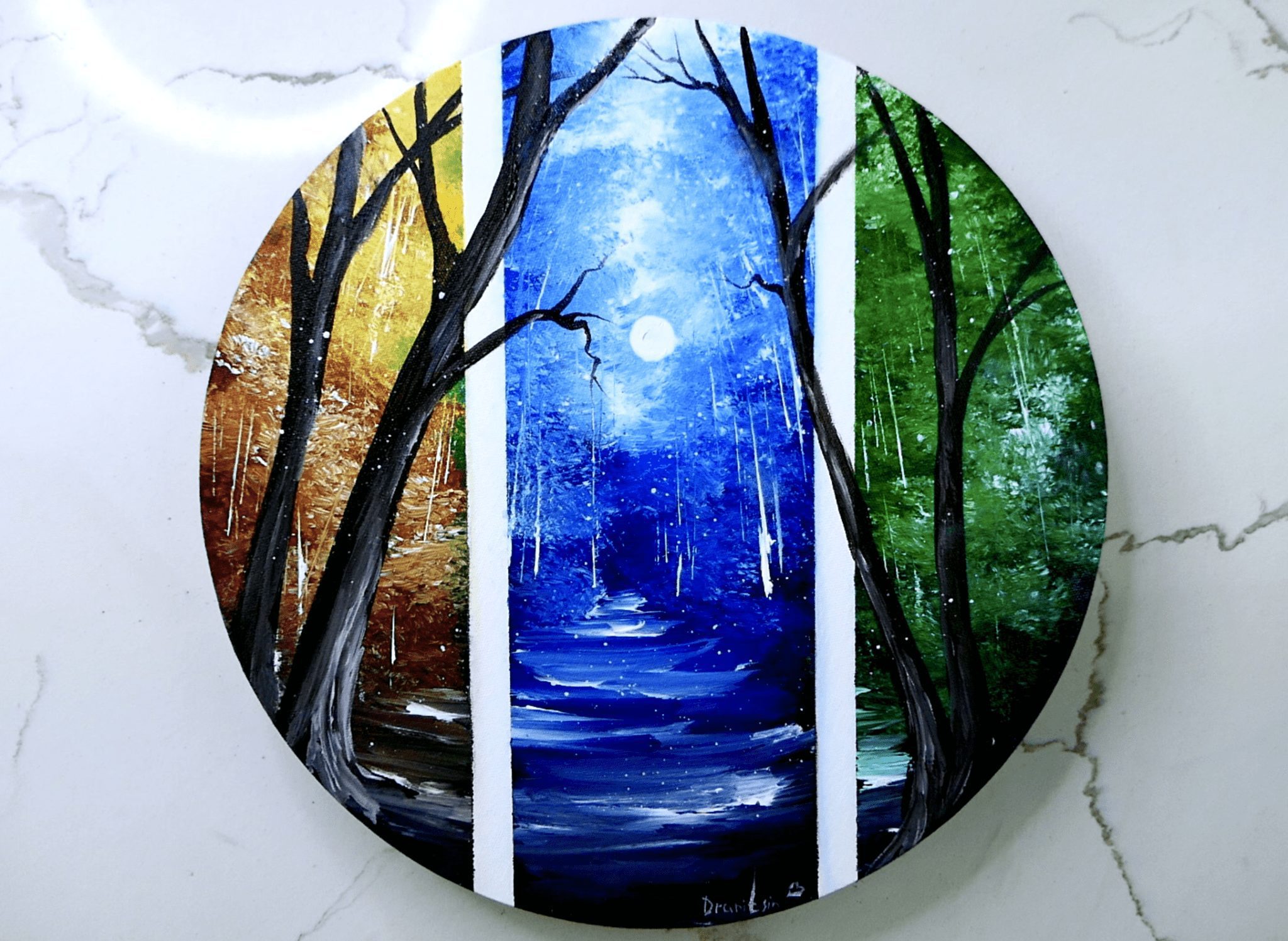 Four Seasons Trees Acrylic Round Canvas Paintings 