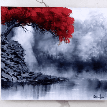 red tree black white waterfall easy landscape painting by urartstudio