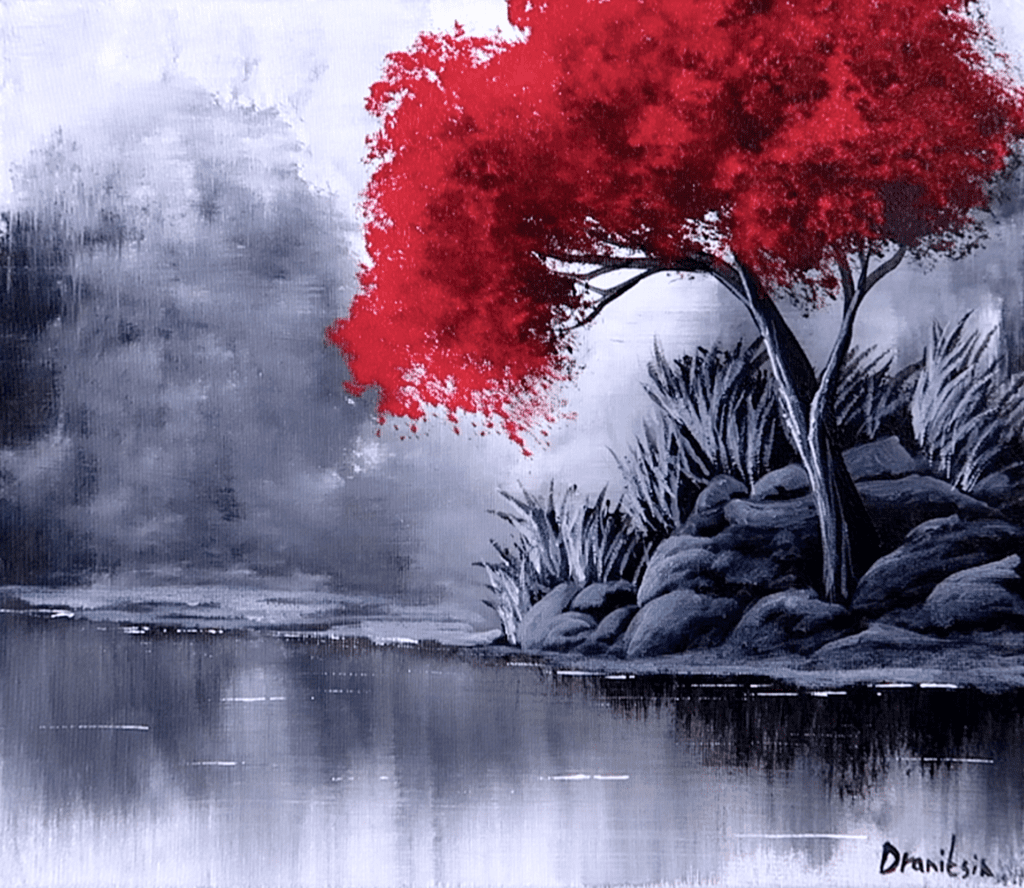 Frozen in Time Easy Painting Brilliant Red Tree Black and White