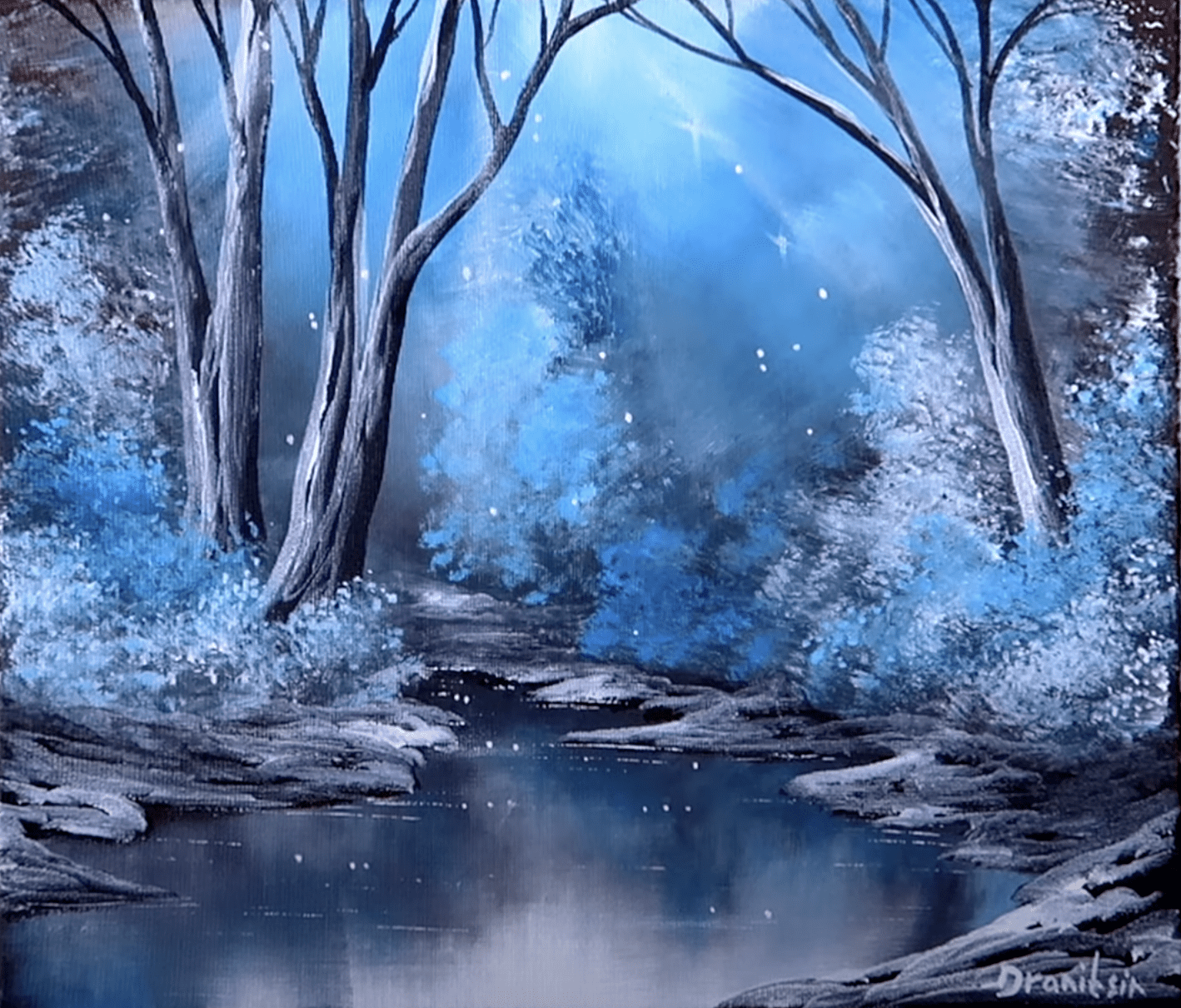 Winter Dream Acrylic Landscape Painting Blue Misty Lake UrArtStudio
