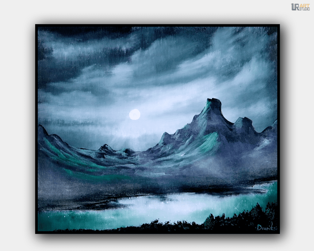 Night Fog on the Lake | Mountain at Moonlight | Acrylic Landscape Painting | Easy for Beginners