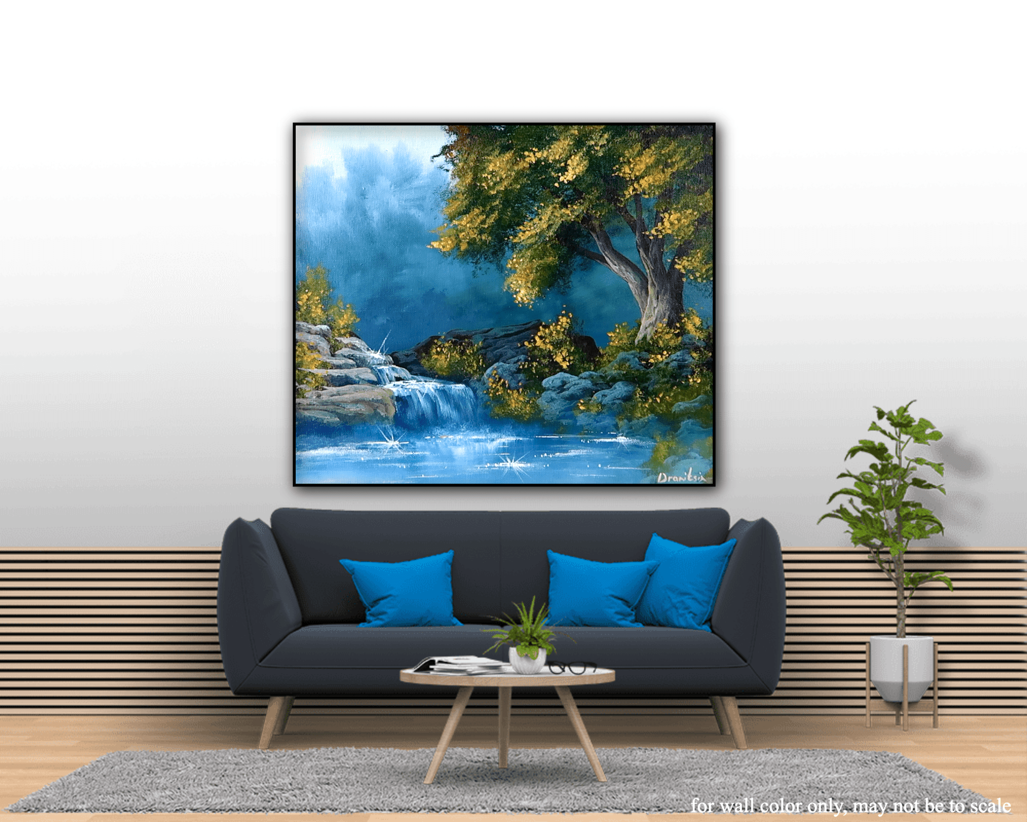 Big Tree and Sparkling Waterfall in Sunlight | Landscape Art