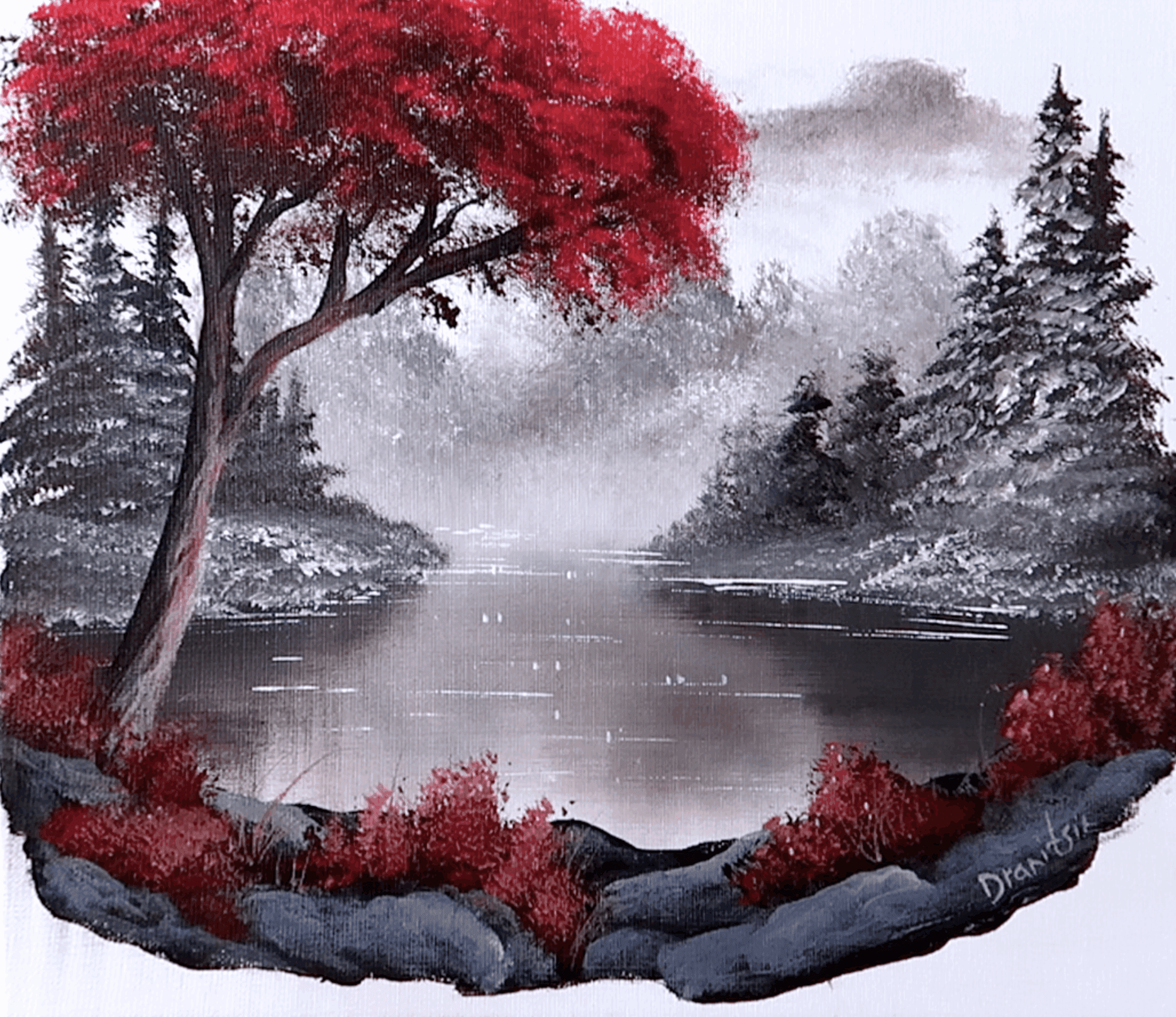 Painting a Red Tree on the Lake | Acrylic Landscape Art | Oval