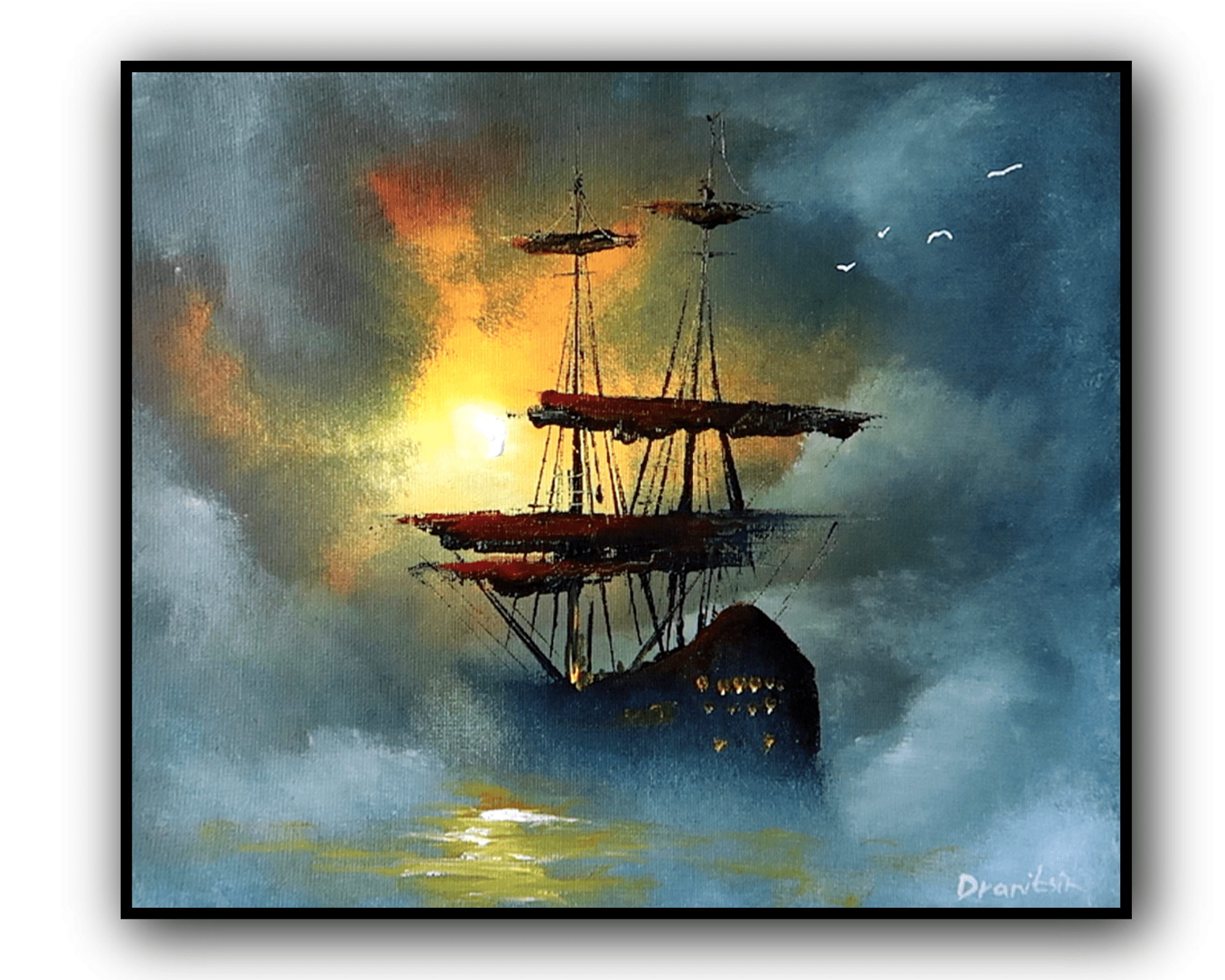 Sailing ship in the fog ビーズ刺繍の絵です Ship in the Fog - UrArtStudio