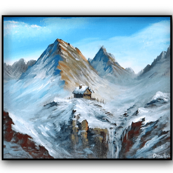 mountain cabine by frozen waterfall